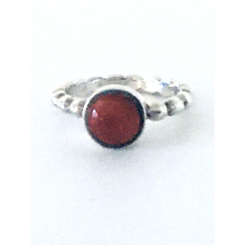 Bezel Set Natural Red Coral Signed Sterling Silver Bead Band Ring Size 7.5